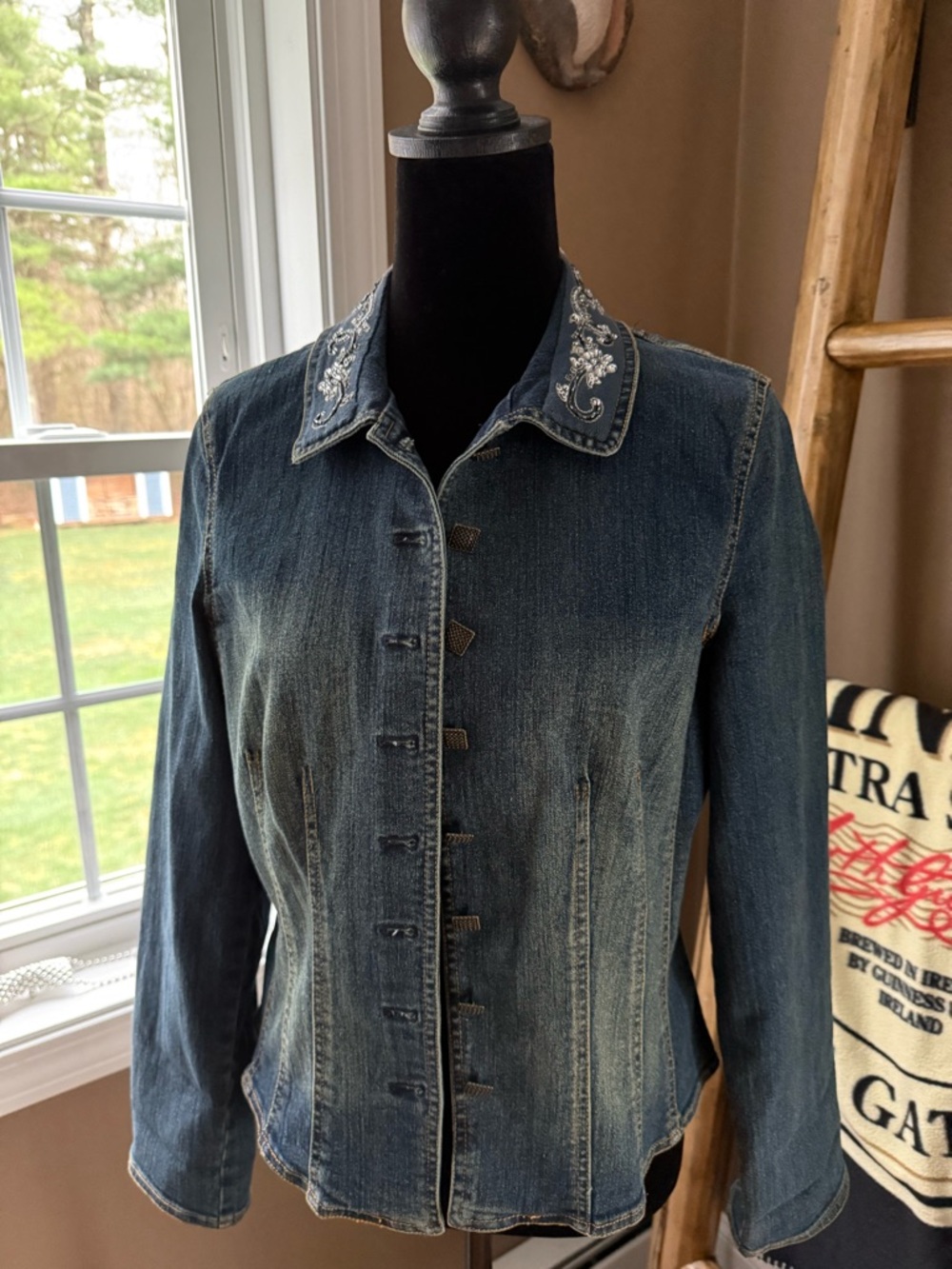 Embellished Collar Dark Blue Denim Jean Jacket